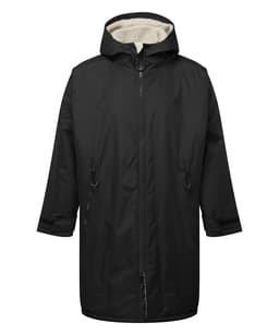 A black waterproof changing robe with a hood, featuring a soft inner lining and adjustable drawstrings.