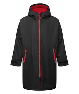 A black waterproof changing robe with a red interior and zip, featuring two front pockets and a hood.