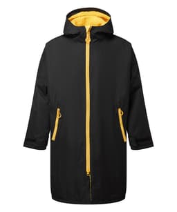 A black waterproof changing robe with a yellow fleece lining and zippered pockets, featuring a hood and front zip.