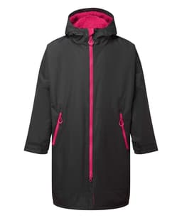 A black waterproof changing robe with a pink lining and zippers, featuring a hood and side pockets.
