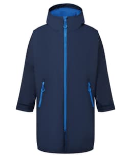 A waterproof changing robe in navy blue with a hood and blue zip, featuring two side pockets.