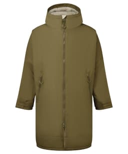 A waterproof changing robe in olive green, featuring a zip front and a hood, with side zip pockets.