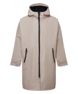 A lightweight beige waterproof changing robe with a hood, featuring a zip front and side pockets.