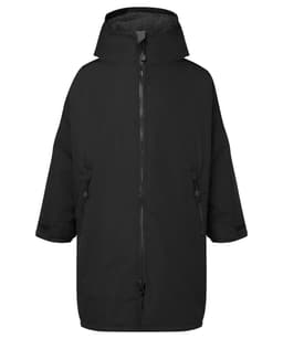 A black all-seasons waterproof changing robe with a hood, featuring a front zip and side pockets.