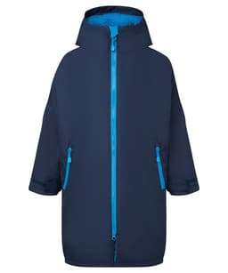 A navy waterproof changing robe with a hood and bright blue zip, featuring two front pockets.