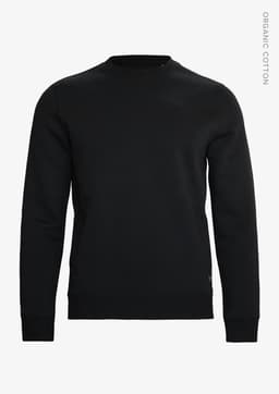 A black unisex sweatshirt featuring a crew neckline and long sleeves, made from organic cotton. It includes a logo.
