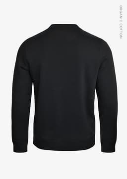 A black unisex sweatshirt made from organic cotton, featuring a simple design and no visible logos.