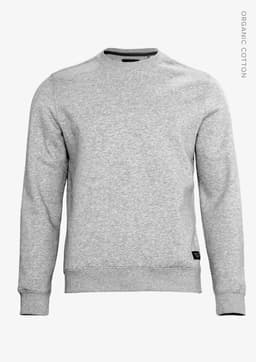 A grey unisex sweatshirt with a simple design and a logo on the side. Made from organic cotton.