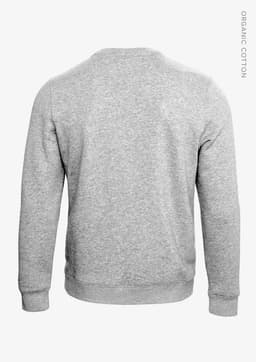 A grey unisex sweatshirt with a simple design and a logo, made from organic cotton, viewed from the back.