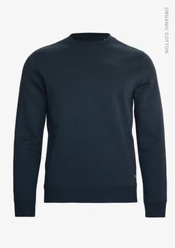 A navy unisex sweatshirt made from organic cotton, featuring a crew neckline and long sleeves.