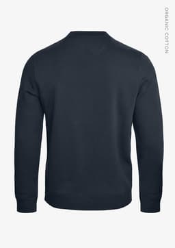 A navy unisex sweatshirt made of organic cotton, featuring a simple design with a logo on the back.