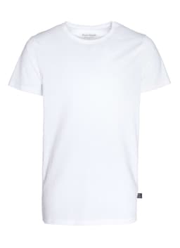 A white men's T-shirt with a classic crew neck and short sleeves. It features a small logo.