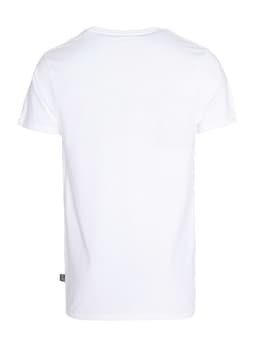 A white men's t-shirt with a simple design and a small logo on the side.