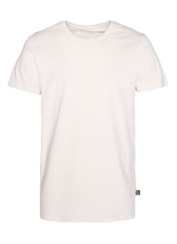 A plain white men’s T-shirt with short sleeves and a small logo on the side.