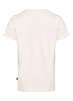A plain cream men's t-shirt with a round neckline and short sleeves, featuring a small logo on the side.