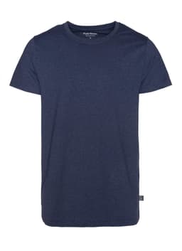 A navy blue men's T-shirt with a crew neckline and short sleeves, featuring a logo on the side.