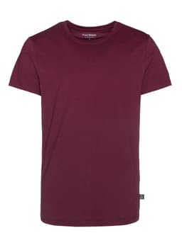 A burgundy men's t-shirt with a crew neck and short sleeves, featuring a small logo on the side.