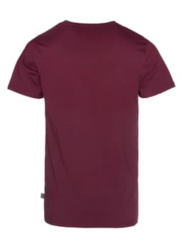 A burgundy men's T-shirt featuring a plain back and a small logo on the side hem.
