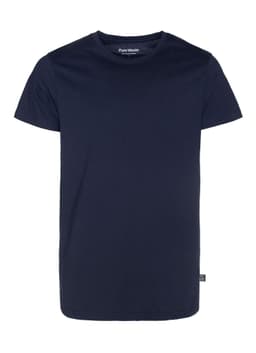 A navy blue men's T-shirt with a round neckline and short sleeves, featuring a logo on the label.