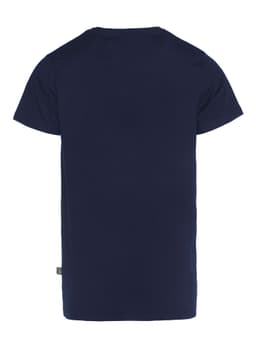 A navy blue men's t-shirt featuring a simple design and a small logo on the lower side.