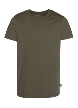 An olive green men's T-shirt with a round neck and short sleeves, featuring a logo on the side.