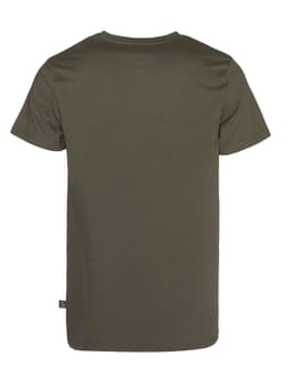 A men's T-shirt in olive green, featuring a plain back and a small logo tag on the side.