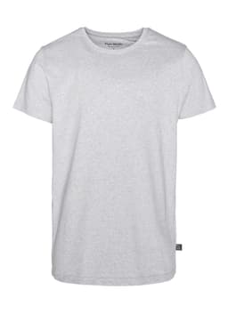 A grey men's t-shirt with a crew neckline and short sleeves, featuring a small logo tag on the side.