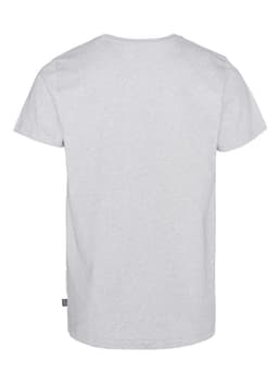 A grey men's t-shirt with a crew neck and short sleeves, featuring a small logo at the hem.
