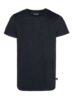 A black men's t-shirt with a round neck and short sleeves, featuring a small logo tag at the hem.
