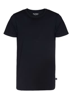 A black men's T-shirt with a round neckline and short sleeves, featuring a logo at the top.