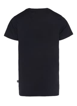A black men's T-shirt with short sleeves and a logo on the side. The back view is displayed.