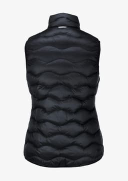 A black sleeveless vest with a quilted texture and a collar, featuring a logo on the back.