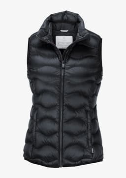A black puffy vest featuring a zip front, high collar, and a logo on the side.