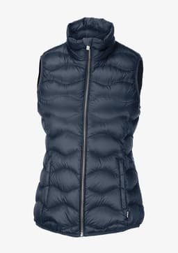 Navy blue puffer vest featuring a high collar and zip closure, with a branding logo on one side.