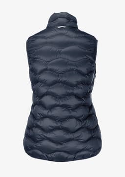 A puffy navy vest with a quilted design and no sleeves, featuring a collar and a logo.