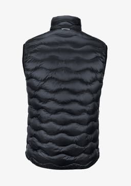 A black puffy vest with a quilted pattern and no sleeves, featuring a collar and a logo.