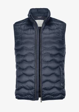 A dark navy puffer vest with a high collar and zip front, featuring a logo on the chest.