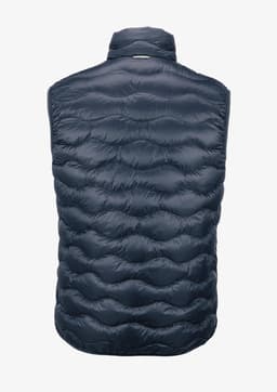 A navy puffer vest with a textured pattern and a high collar, featuring a logo on the back.