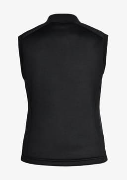 A black sleeveless vest with a high collar and a sleek design. It features an embossed logo on the back.