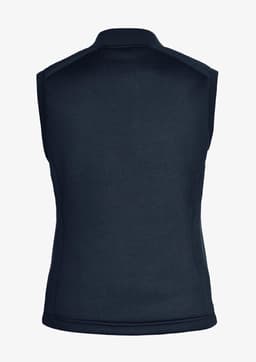 A sleeveless women's vest in navy blue with a fitted design and a collar, featuring a logo on the back.