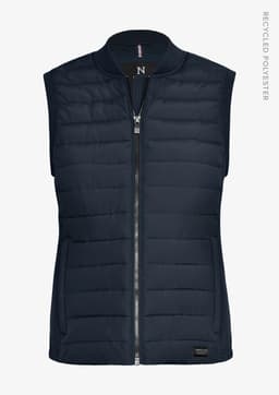 A navy women's vest featuring a zip front, padded design, and a logo on the side. Made from recycled polyester.