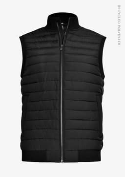 A black, sleeveless vest with a zip front, featuring a quilted design and made from recycled polyester.