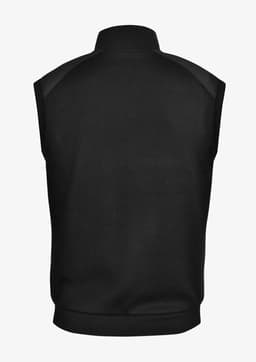 A black men's vest with a high collar and no sleeves, featuring a logo on the back.