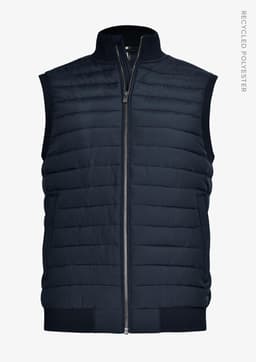 A navy blue, sleeveless quilted vest made from recycled polyester, featuring a front zipper and a simple design.