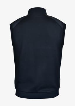 A navy blue sleeveless vest with a high collar and a smooth fabric finish, featuring a logo on the back.