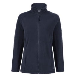 A navy blue fleece jacket with a zip front and side pockets, featuring branding on the lower side.