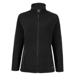 A black women's fleece jacket with a zip closure and two side pockets, featuring a logo.