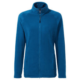 A women's polar fleece jacket in vibrant blue with a zip front and zippered side pockets. Features a logo.