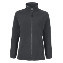 A polar fleece jacket in a dark grey colour with a zip front and side pockets, featuring a logo.