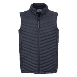 A navy thermal vest designed with a zip front and chevron quilted pattern, featuring a collar and branding.